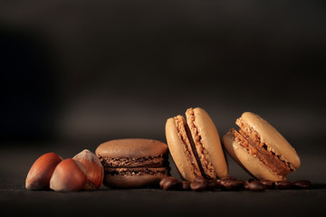 Plusieurs macarons chocolaés alignés